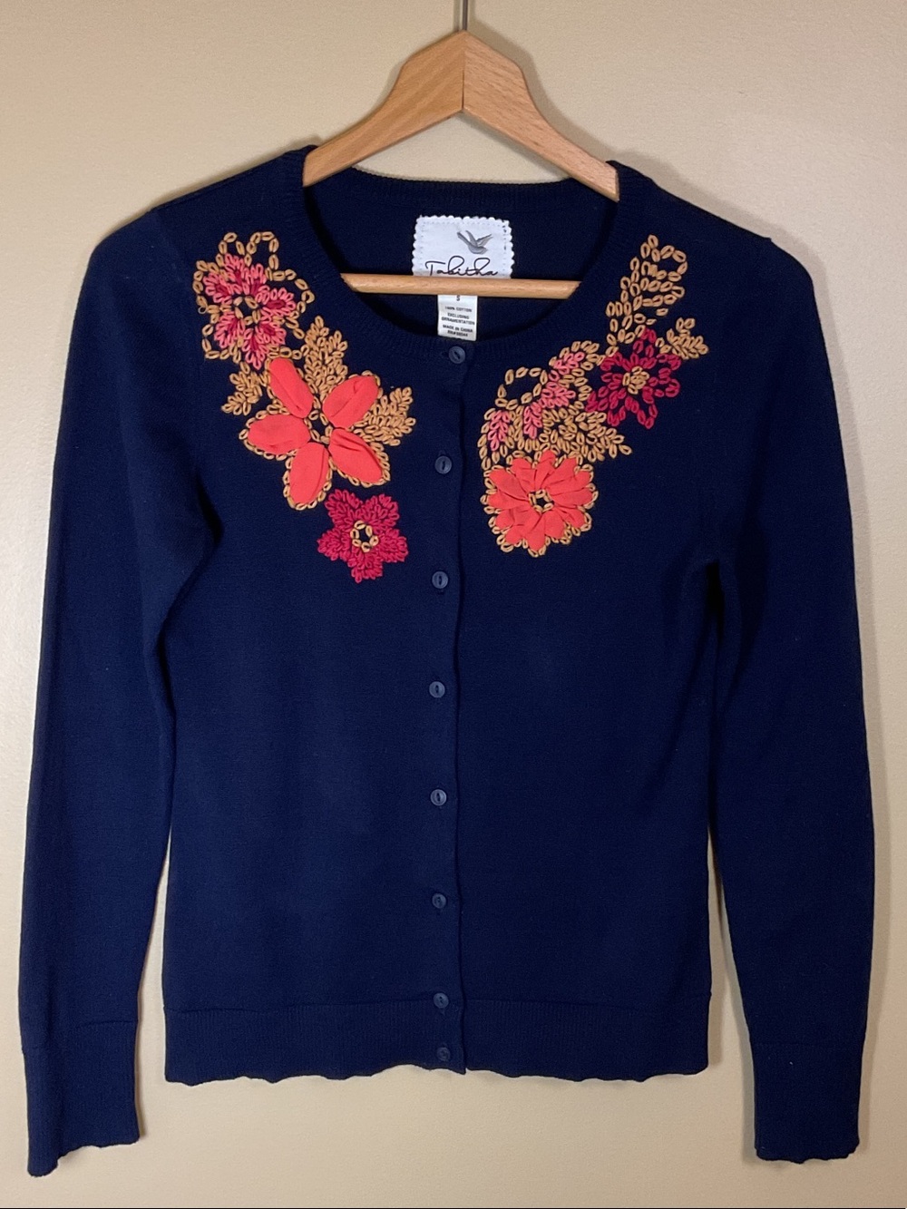 Tahari Navy Cardigan with Coral and Gold Floral Embroidery Size S